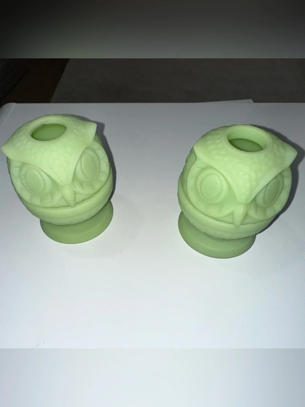 FEBTON VINTAGE PALE GREEN URANIUM GLASS OWLS PAIR EUC FAIRY LAMPS RARE HTF